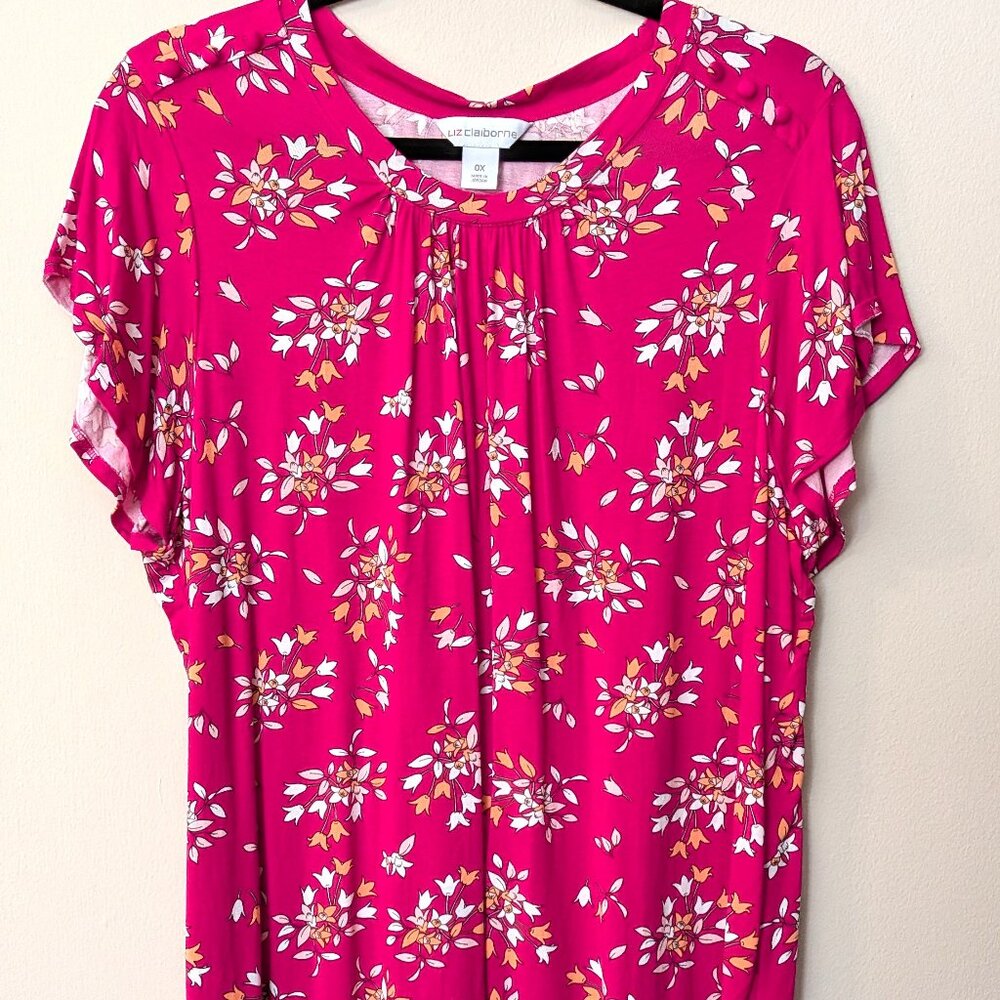 Liz Claiborne Women's Deep Pink Floral Short Flutter Sleeve Blouse – Size 0X
